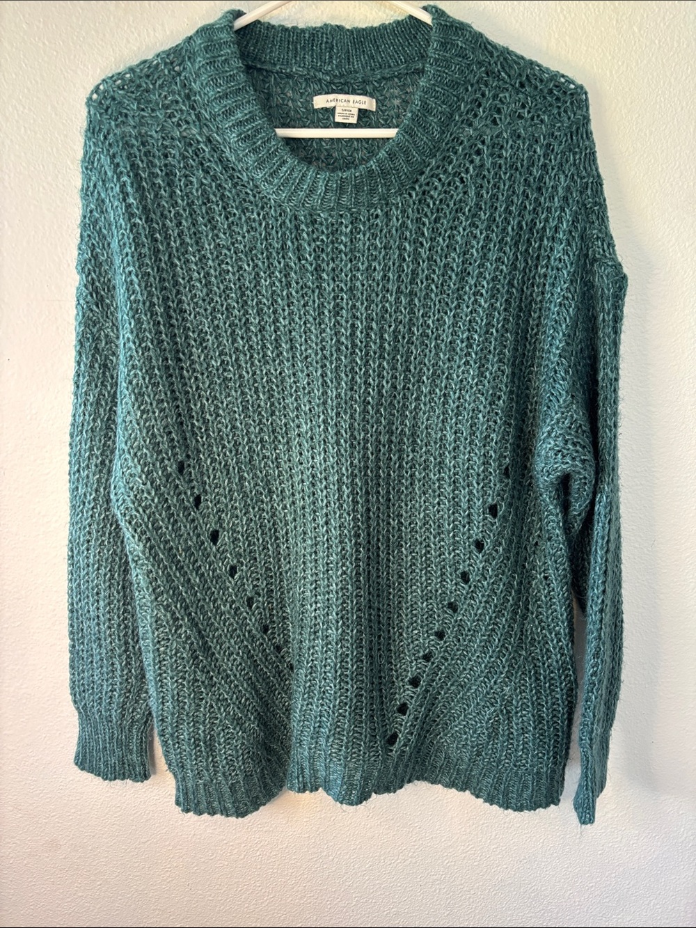American Eagle Outfitters Teal Open-Knit Crewneck Sweater